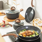Vkoocy Pots and Pans Set Non Stick, Ceramic Cookware Set with Granite Pattern Kitchen Cooking Sets Induction Pot and Pan w/Frying Pans, Saucepans, Casserole, Non-Toxic, PTFE/PFOA/PFOS-Free, Black