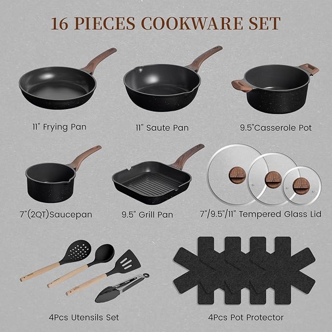 Kikcoin 16Pcs Ceramic Pots and Pans Set Non Stick, Includes a 9.5" Grill Pan, Induction Kitchen Cookware Sets, Black Nonstick RV Kitchen Camping Cooking Sets Stackable (PTFE, PFOS, PFOA Free)