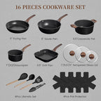Kikcoin 16Pcs Ceramic Pots and Pans Set Non Stick, Includes a 9.5" Grill Pan, Induction Kitchen Cookware Sets, Black Nonstick RV Kitchen Camping Cooking Sets Stackable (PTFE, PFOS, PFOA Free)