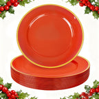 WDF 25PCS Red Plastic Charger Plates - 12inch Red and Gold Chargers for Dinner - Disposable Charge Plates - Perfect for Christmas/Party/Elegant Tabletop Decor