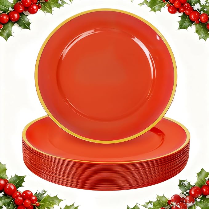 WDF 25PCS Red Plastic Charger Plates - 12inch Red and Gold Chargers for Dinner - Disposable Charge Plates - Perfect for Christmas/Party/Elegant Tabletop Decor