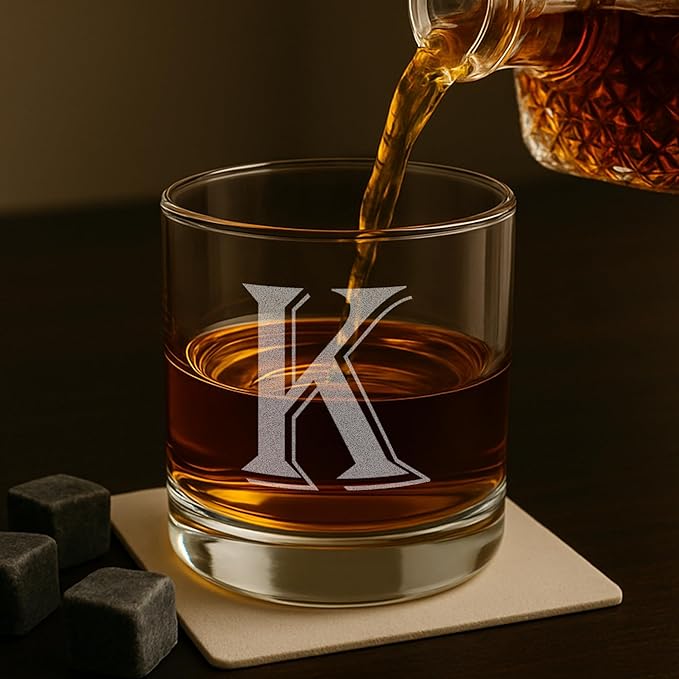On The Rox (K-Monogram)- 4 Piece Set of 11 Ounce Engraved Heavy Base Rocks Whiskey Glasses Elegant Glass-Bourbon Multi-Purpose Beverage-Rocks Glass- Gift for any Occasion Drinks