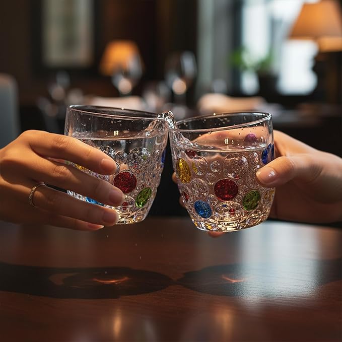 Handmade Crystal Water Glasses, So Cute, Colored Beaded, Set of 6, Bubble Design, 11oz Modern Hobnail Drinking Glasses, for Water,Whiskey, Wine, Beer,Juice,Cocktail,Coffee, Champagne, Gift