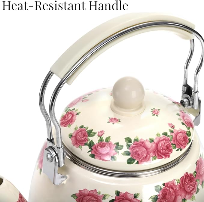 SOUJOY 3.5 Quart Enamel Tea Kettle for Stovetop, Vintage Floral Teapot with Stainlees Steel Infuser and Heat-Resistant Handle for Home Kitchen Camping, Perfect Housewarming Wedding Gift