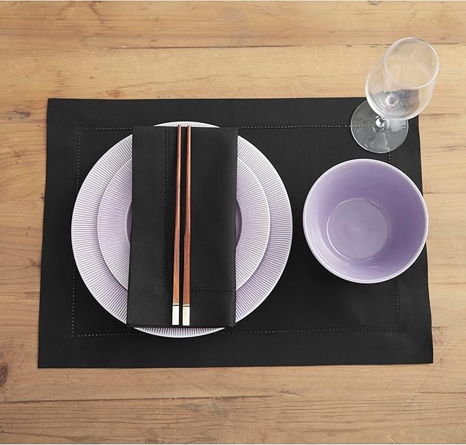 Solino Home Black Placemats Set of 4 - Cotton Linen Hemstitch Placemats 14 x 19 Inch for Winter, Holiday, New Year