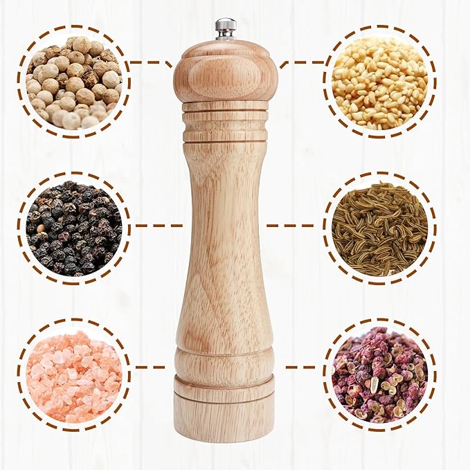 Gulex® Wood Pepper Grinder Pepper Mill,Adjustable Coarseness 8 Inch Wooden Peppermill, Ceramic Grinding Mechanism Salt Mill Refillable (1 pack) (Light-1PC)
