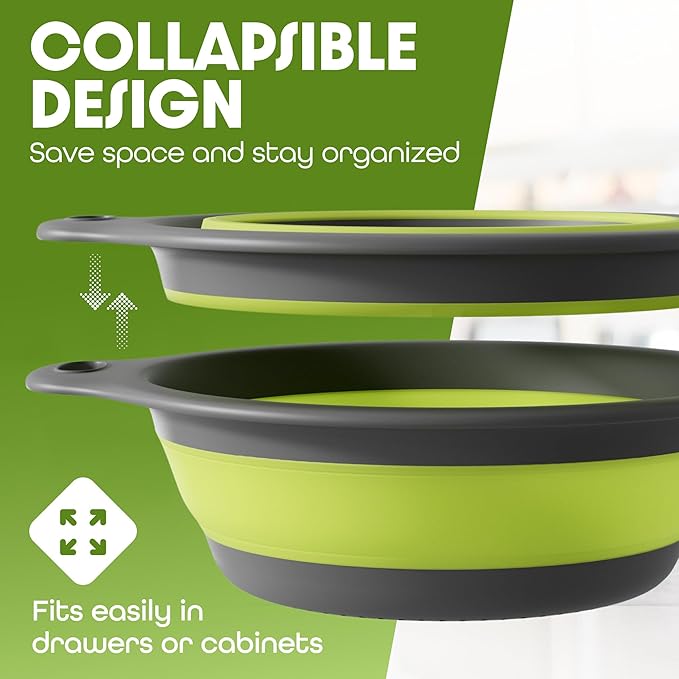 Gevoli Large Collapsible Colander with Self Draining Base - 5Qt Side Drain Food Strainer for Edge of Kitchen Sink (Patent Pending) Green (2 Piece Set)