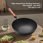 WANGYUANJI 11-Inch Round-Bottom Carbon Steel Wok with Glass Lid, Removable Wooden Handle, Traditional Pow Pan for Gas Flame/Wok Ring Only (Not for Flat-Top or Induction)