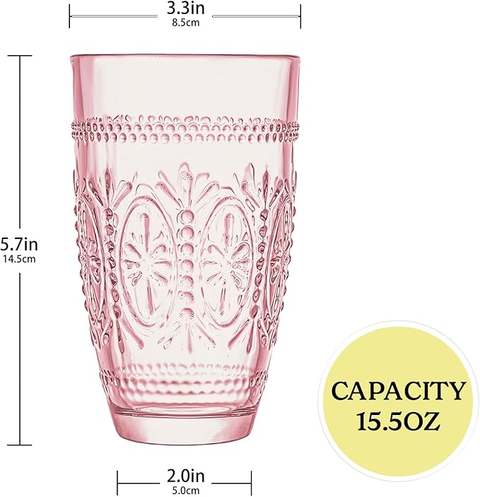 CREATIVELAND Drinking Glasses,Water Drinking Glass (Pink, 15.5)
