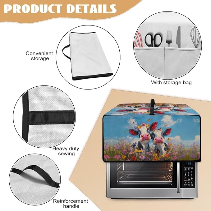 Cow Butterfly Flower Print Toaster Oven Cover, Dust-proof Heat-resistant Air Fryer Cover with Accessory Pockets, Kitchen Small Appliance Protector, (Large-18.5*22.5*12.99 inches)