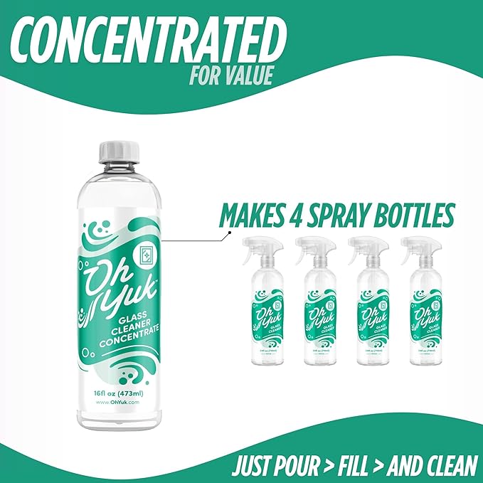 Oh Yuk Glass Cleaner Concentrate - Makes 4 Spray Bottles | Streak-Free Shine for Windows, Mirrors, and Shower Glass | Vegan, Biodegradable – 16 oz Refill