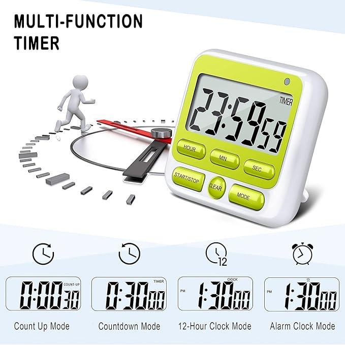 KTKUDY Digital Kitchen Timer with Mute/Loud Alarm Switch ON/Off Switch, 12 Hour Clock & Alarm, Memory Function Count Up & Count Down for Kids Teachers Cooking, Large LCD Display, Strong Magnet (Green)