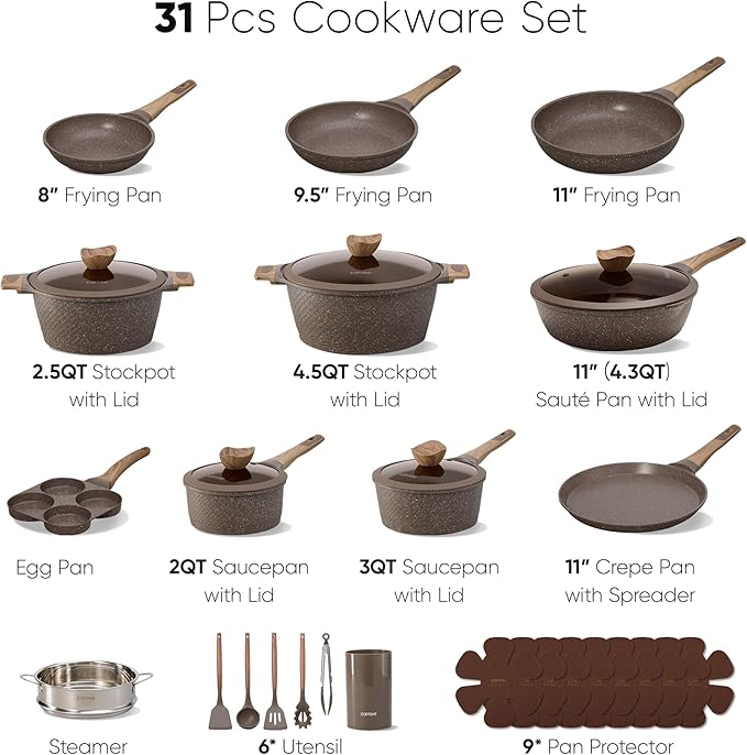 CAROTE 31pcs Pots and Pans Set Non Stick, Cookware Set Pots and Pans, Nonstick Kitchen Cooking, Induction Cook Ware, PFOA Free