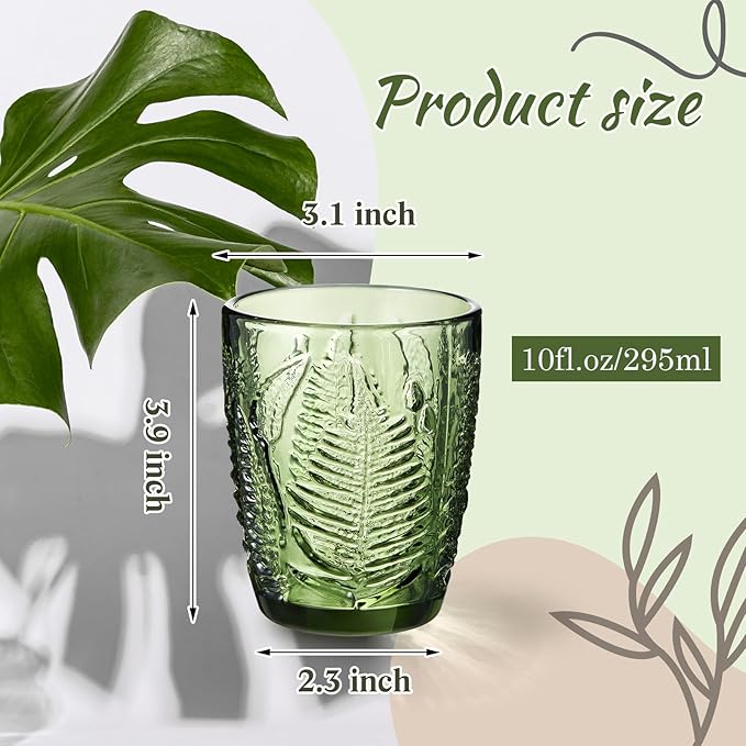Reallnaive Green Drinking Glasses Set of 8, Boho Aesthetic Vintage Glassware Fern Carving Textured Tumbler Water Cups Embossed Pattern Drinkware Cocktail Glasses Set for Xmas Gifts(10 oz,Lowball)