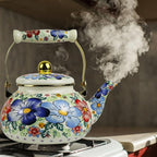 Blue Floral Enamel Tea Kettle Vintage Gold Beige Teapot Blue Floral Boho Hot Water Coffee Kettle Pot 2.5L Porcelain Tea Pot with Ceramic Handle for Stovetop Kitchen Home Decor