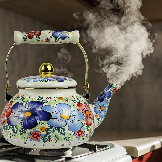 Blue Floral Enamel Tea Kettle Vintage Gold Beige Teapot Blue Floral Boho Hot Water Coffee Kettle Pot 2.5L Porcelain Tea Pot with Ceramic Handle for Stovetop Kitchen Home Decor