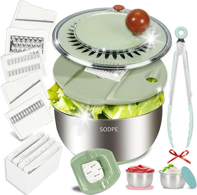 Stainless Steel Salad Spinner Large with 5 Blades Slicer, Lettuce Washer Spinner and Dryer, Vegetable Fruits Chopper Bowl, Egg Yolk Strainer Comes with Dipping Saucers and Clip, 5.3Qt