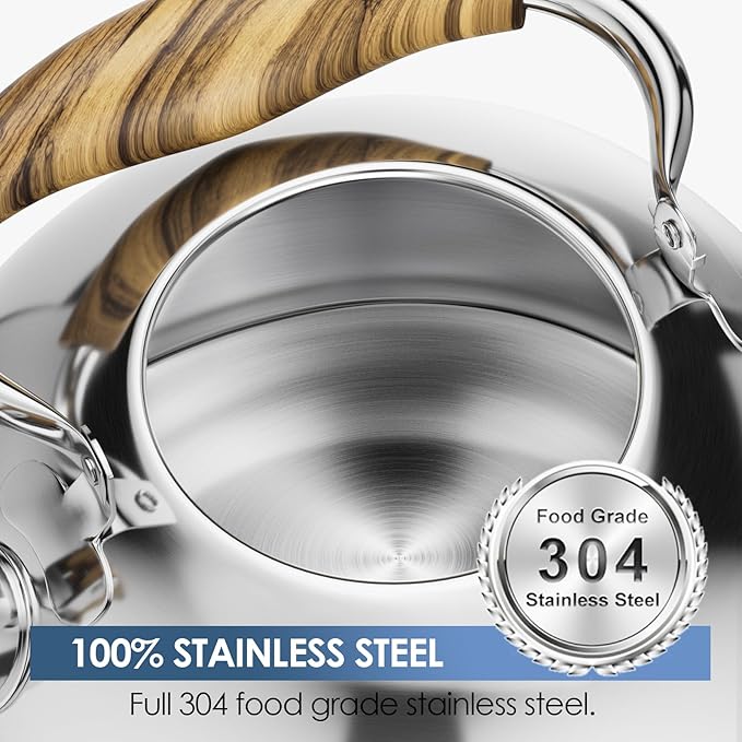 Whistling Tea Kettle for Stovetop, 2.6 Quart Food Grade Stainless Steel Tea Kettle with Wood Pattern Handle for Home Kitchen, Loud Whistle, Silver