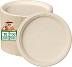 JOLLY CHEF 100% Compostable Paper Plates, 150 Pack 10 Inch Heavy Duty Plates, Disposable Biodegradable Eco-Friendly Sugarcane, Bulk Nature