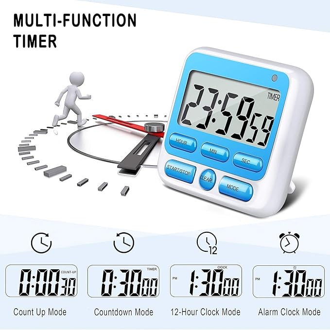 KTKUDY Digital Kitchen Timer with Mute/Loud Alarm Switch ON/Off Switch, 12-Hour Clock & Alarm, Memory Function Count Up & Count Down for Kids Teachers Cooking, Large LCD Display, Strong Magnet (Blue)