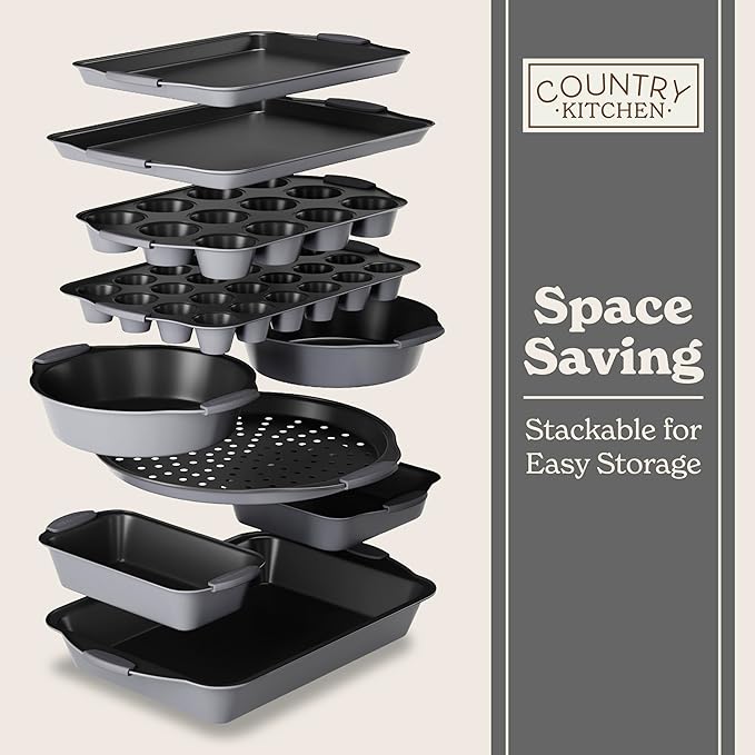Country Kitchen Nonstick Stackable Bakeware Set - Heavy Duty, Durable, Easy Release Baking Set, Grey, 10 Pcs