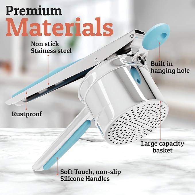 PriorityChef Large 15oz Potato Ricer, Heavy Duty Stainless Steel Potato Masher and Ricer Kitchen Tool, Press and Mash Kitchen Gadget For Perfect Mashed Potatoes - Everytime, Silver and Turquoise