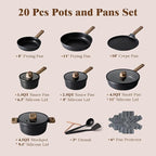 SENSARTE 20Pcs Nonstick Pots and Pans Set, Black Titanium Non Stick Cookware Set, Healthy Kitchen Cooking Set, Induction Compatible, Dishwasher Safe, PFOA/PFOS Free