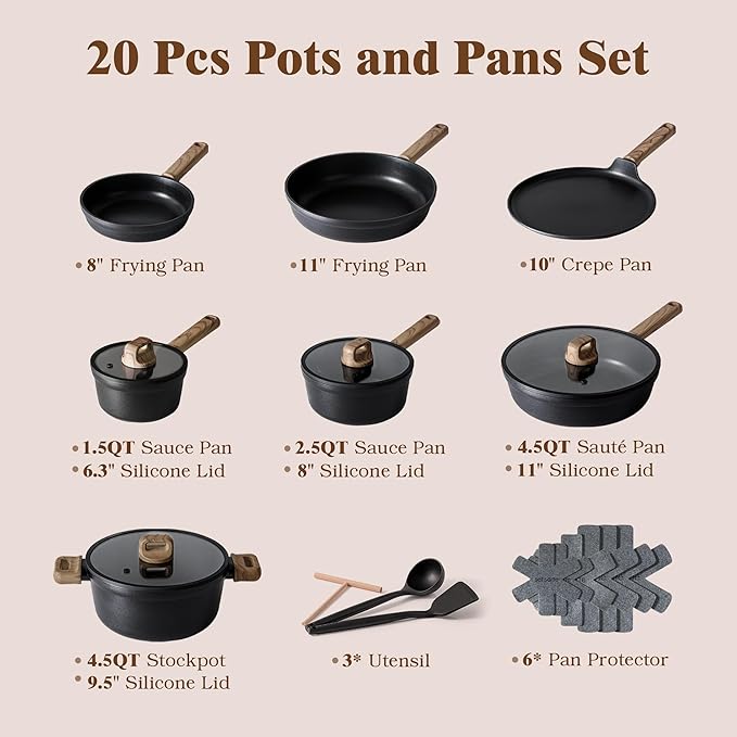 SENSARTE 20Pcs Nonstick Pots and Pans Set, Black Titanium Non Stick Cookware Set, Healthy Kitchen Cooking Set, Induction Compatible, Dishwasher Safe, PFOA/PFOS Free