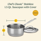 Cuisinart 1.5 Quart Sauce Pan with Cover, Stainless Steel Pot with Lid, Small Kitchen Pots, Dishwasher Safe, Compatible with Induction, Electric, Gas Cooktops, Oven Safe Saucepan, Cool Grip Handles