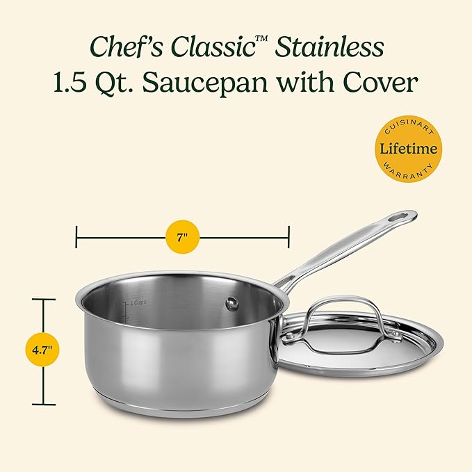 Cuisinart 1.5 Quart Sauce Pan with Cover, Stainless Steel Pot with Lid, Small Kitchen Pots, Dishwasher Safe, Compatible with Induction, Electric, Gas Cooktops, Oven Safe Saucepan, Cool Grip Handles