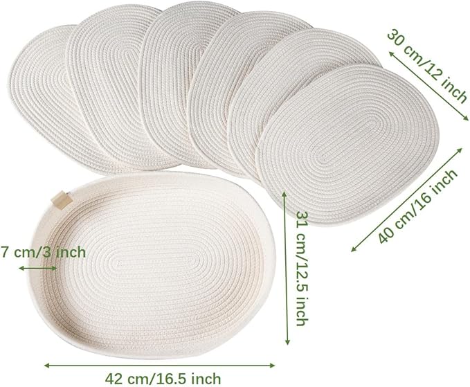 Placemats Set of 6 Oval – Woven Boho Farmhouse Table Mats for Dining Table for 6, Kitchen Decor, Washable and Handmade Rustic Table Accessories (Oval, Off White)