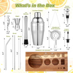 Mifoci 28 Pcs Bartender Kit, Mixologist Bartender Kit Garnish Tray with Lid Bar Caddy and 3 Tier Glass Rimmer, 17 Pcs Margarita Cocktail Shaker Set with Wooden Base for Home Bar Gift Set (Acacia)