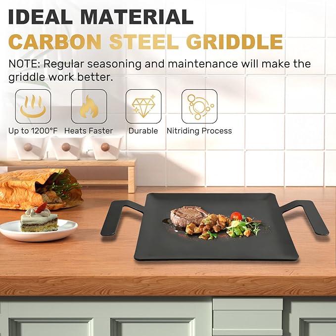 Universal Square Carbon Steel Griddle for Gas/Electric Stove Induction Cooktop and Oven, Thick Heavy-duty Carbon Steel, Vegetable Oil Pre-seasoned Nitrided Coating Process