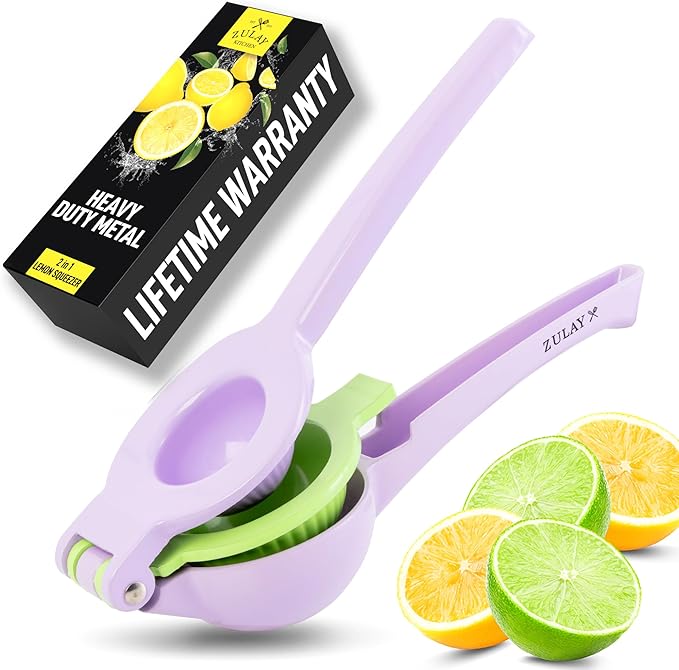 Zulay Kitchen Metal 2-in-1 Lemon Squeezer - Sturdy Max Extraction Hand Juicer Lemon Squeezer Gets Every Last Drop - Easy to Clean Manual Citrus Juicer - Easy-Use Lemon Juicer Squeezer - Purple/Lime