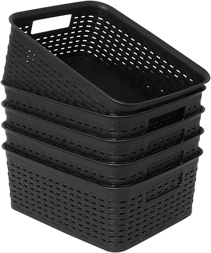 Soddeph Plastic Storage Baskets for Cabinets, Household Pantry Organization with Handle,Organizer Bins for Room,Bathrooms,Under-Sink,Kitchen (Black, S-5PACK)
