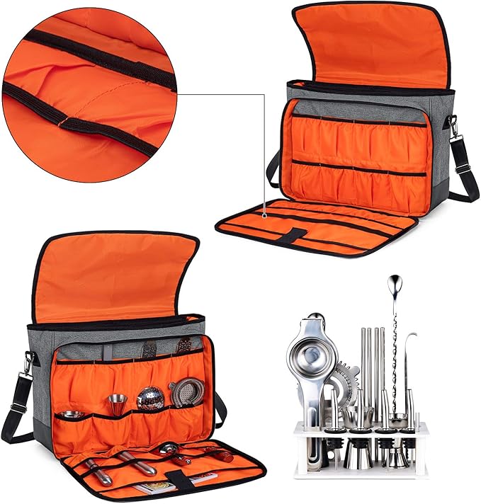 CURMIO Bartender Bag, Travel Bag for Bar Tools Set, Bartender Kits Storage with Padded Compartments for Wine Bottles, for Home Indoor Outdoor Patio Party, Gray (Bag ONLY)