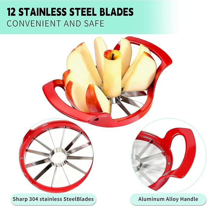 LIIGEMI Apple Slicer,12-Blade Extra Large Apple Corer, Heavy Duty Stainless Steel Apple Cutter and Divider，Easy to Use, Time-Saving（Red）