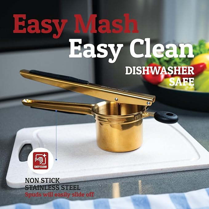 PriorityChef Large 15oz Potato Ricer, Heavy Duty Stainless Steel Potato Masher and Ricer Kitchen Tool, Press and Mash Kitchen Gadget For Perfect Mashed Potatoes - Everytime, Gold and Black