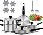 Meythway 14-Piece Stainless Steel Cookware Set for Induction Stovetops – Non-Toxic Pots & Pans with Stay-Cool Handles, Glass Lids, Steamer, Pot Mats & Utensils – Dishwasher Safe Kitchen Cookware