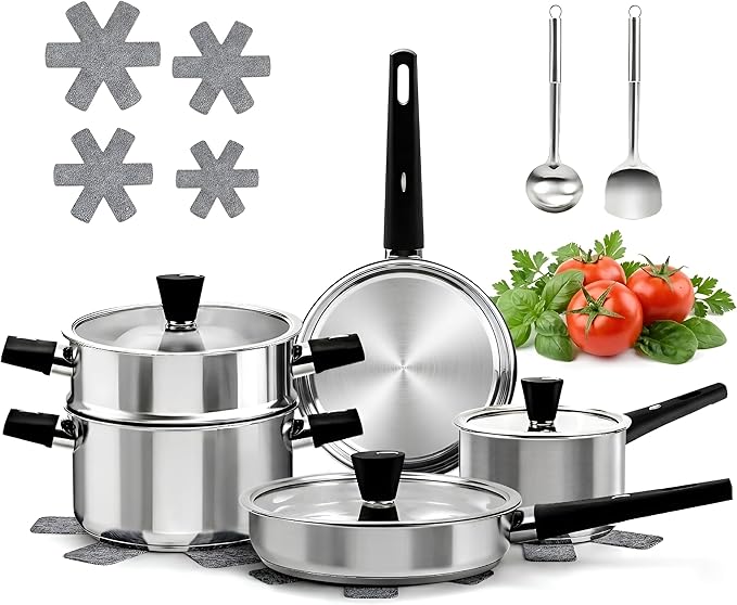 Meythway 14-Piece Stainless Steel Cookware Set for Induction Stovetops – Non-Toxic Pots & Pans with Stay-Cool Handles, Glass Lids, Steamer, Pot Mats & Utensils – Dishwasher Safe Kitchen Cookware