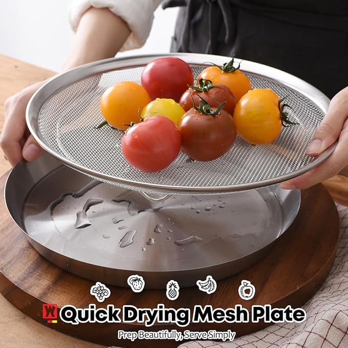 WAGENSTEIGER Stainless Steel Mesh Tray Set with Drip Pan, Air Fryer Basket and Tray, Kitchen Colander, Vegetable and Fruit Strainer, Food Filter, BBQ Prep Tool, Fruit Serving Dishes (11.42 inch)