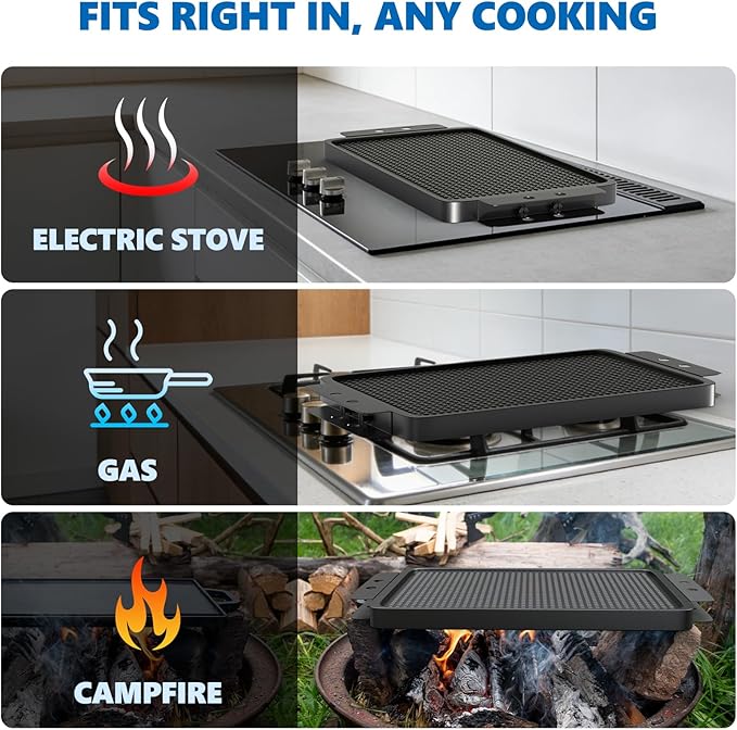 SafBbcue Upgraded 2-IN-1 Reversible Cast Iron Griddle, 17.5 x 10.8 Inch Griddle Pan with Silicone Cooling Handle, Griddle for Gas Stove, Electric, Flat Top, Portable for Stovetop or Outdoor Camping