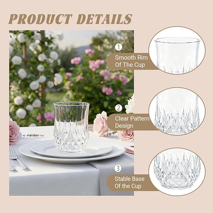 24 Pack Plastic Stemless Wine Glasses,12oz Unbreakable Vintage Elegant Drinking Glass Set,Reusable Fancy Cocktail Cups for Party, Wedding, and Bulk Events (24, 12oz-Transparent)