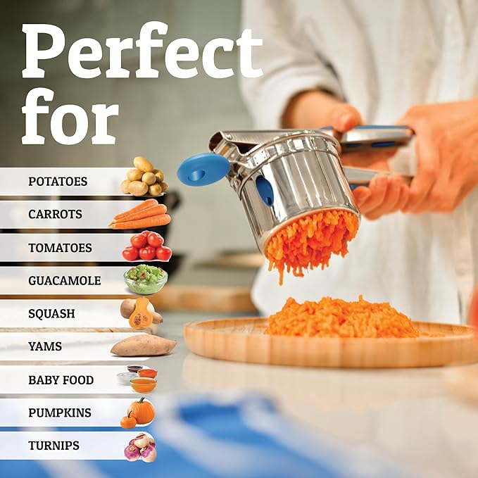 PriorityChef Large 15oz Potato Ricer, Heavy Duty Stainless Steel Potato Masher and Ricer Kitchen Tool, Press and Mash Kitchen Gadget For Perfect Mashed Potatoes - Everytime, Blue