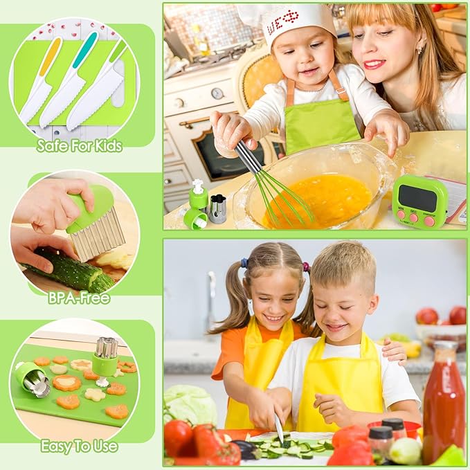 Kids Cooking Sets Real, 37PCS Kids Cooking and Baking Set with Storage Case Timer Kid Safe Knives Cutting Board, Toddler Kitchen Toys Birthday Gifts for Girls Boys Age 3 - 8