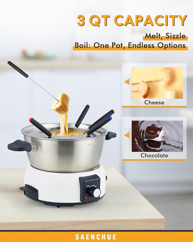 Electric Fondue Pot Set for Cheese & Chocolate - 6-Cup Stainless Steel Fondue Pot with 8 Coded Forks - 3 Mode Fondue Set Adjustable Temperature Control for Cheese, Oil and Hotpot, FD-10