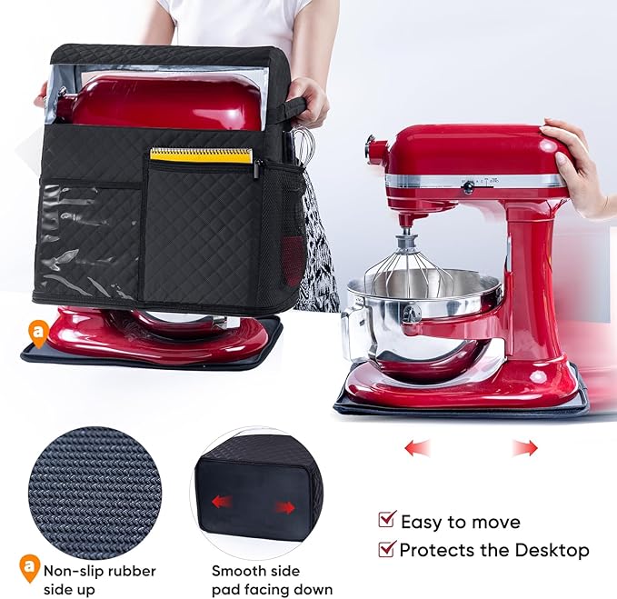 BAGSPRITE Stand Mixer Cover with Detachable Appliance Sliders Base Compatible with KitchenAid Mixer-Storage Bag for 6/7/8 Quart with Pockets for Kitchen Aid Accessories and Attachments