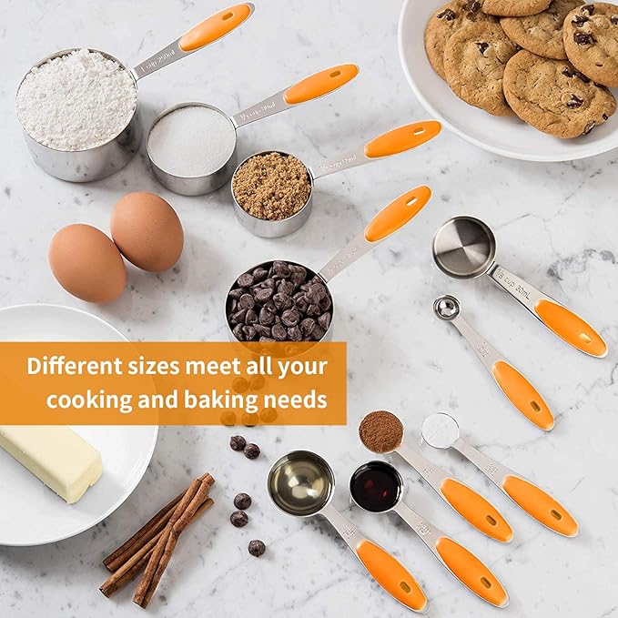 Measuring Spoons and Cups Set of 10 Pieces, Stainless Steel Measuring Utensils with BPA-Free Silicone Grips,Metal Scale Tools for Kitchen Cooking Baking, Dishwasher-Safe (Orange)