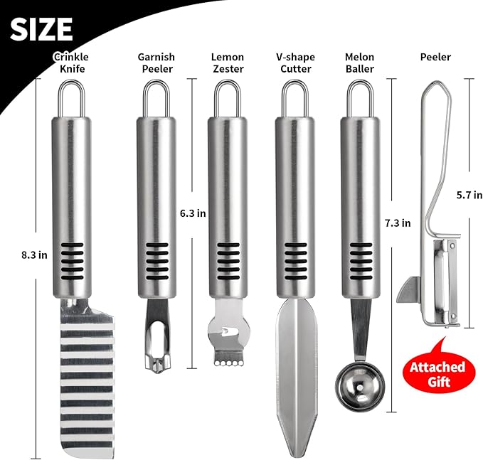 BURLIHOME Stainless Steel Fruit Carving Knife Set, 6 Pack Vegetable Engraving Blades for Kitchen, Melon Baller Scoop,Lemon Zester, Garnish Peeler,Crinkle Knife,V-shape Cutter