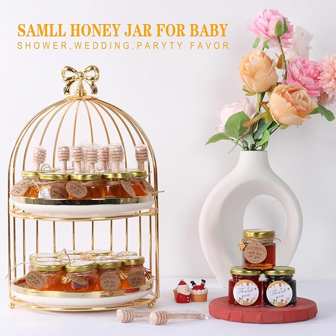 BIGIVACA 1.5 oz Mini Honey Jars - 60 Pack Hexagon Glass Jars with Wood Dippers, Gold Lids, Bee Pendants, Jutes, Stickers,Tags for Wedding Favors, Party Favors, Candle Making